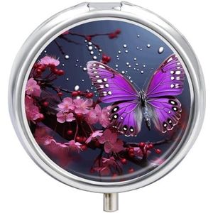 Paarse pruim vlinder pillendoos medicijnpillenorganisator 3 compartimenten dagelijkse pillendoos kleine pillencontainer ronde pillenhouder reizen pillendoos metalen pillendoosje voor portemonnee zak