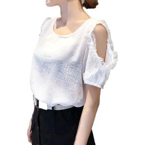 Vrouwen Zomer Mode Kant Gesplitste Blouses Vrouwelijke Koreaanse Elegante Ronde Hals Solid Shirt Vrouwelijke Kleding, Wit, M