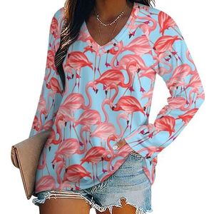 Tropische roze flamingo dames lange mouwen V-hals T-shirts herfst tops pullover tuniek T-shirt voor leggings