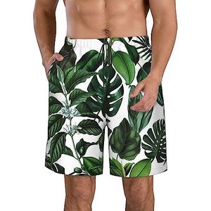 PHTZEZFC Zwembroek voor heren, met tropische bladerenprint, lichte, sneldrogende zwembroek met zakken met trekkoord, Wit, XL