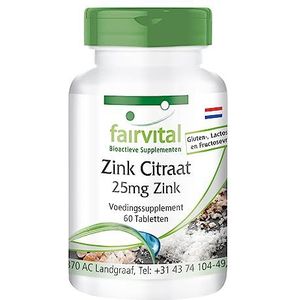 Fairvital | Zink tabletten - 25mg zink (elementaire inhoud) per tablet - van zink citraat - HOOG GEDOSEERD - VEGAN - 60 tabletten