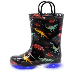 EUXTERPA Lichtgevende rubberlaarzen voor jongens en meisjes, knipperende rubberlaarzen, waterdichte laarzen, Glaring ombre regenlaarzen, rubberlaarzen, Zwarte dinosaurus., 13 Little Kid