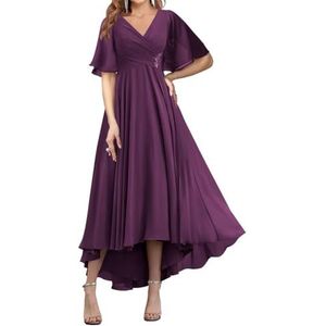 WSEYU Korte Mouw Moeder Van De Bruid Bruidegom Jurken Chiffon Kralen Formele Avond Grootmoeder Jurken Thee Lengte ZM194, Pruim, 32