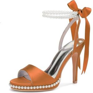 KYEGLO Dames Satijnen Parel Ronde Neus Stiletto Hoge Hak, Open Teen Sandalen Met Twee Parel Enkelbandjes - Feestelijke Trouwjurk Prom Schoenen,Oranje,36