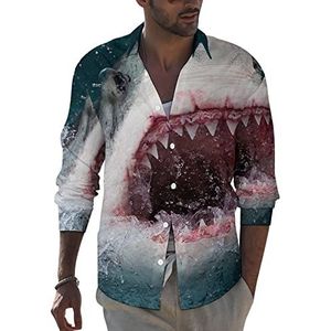 Geweldige witte haai heren revers shirt met lange mouwen button down print blouse zomer zakken T-shirts tops XL