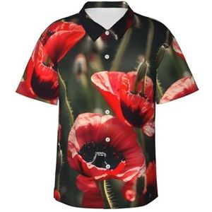 Mooie Rode Klaproos Bloem Print Fun Hawaiiaans Shirt Voor Mannen Casual Korte Mouw Button Down Shirts Zomer Vakanties, Zwart, S