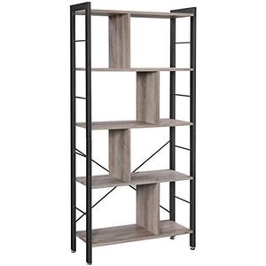 VASAGLE boekenkast, boekenplank met 4 niveaus, vrijstaand, boekenkast, kantoorlegplank, industrieel ontwerp, voor woonkamer, kantoor, studeerkamer, groot, metalen frame, grijs-zwart LBC012B02