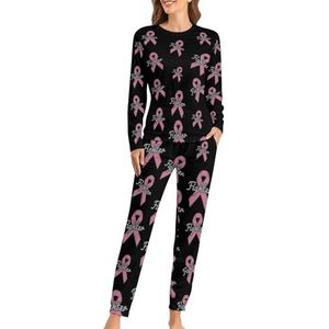 Borstkanker roze lint vechter zachte damespyjama met lange mouwen warme pasvorm pyjama loungewear sets met zakken 2XL