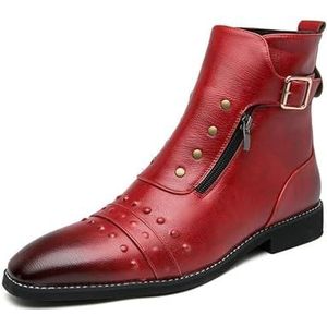 Men's Leather Motorcycle Ankle Boots Side Zipper Dress Casual Riding Rock Plain Toe Studded Men Boots (Color : Red, Size : EU 44)
