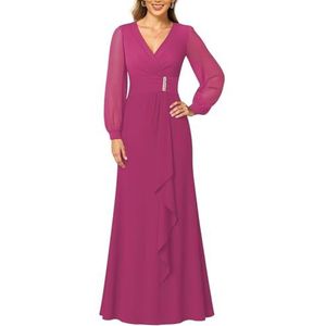 KIYNE Dames lange mouwen moeder van de bruid jurken ruches A-lijn V-hals chiffon formele avondjurk, Fuchsia, 38