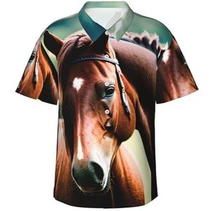 ERSDWRE Two Horses Print Heren Korte Mouw Button-Down Shirts Casual Zomer Strand Shirts Hawaii Shirt voor Mannen, Zwart, S