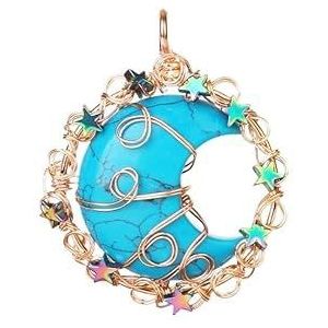 Natuurlijke Edelsteen Kristallen Kettingen Maan Ster Amethist Hanger Ketting Wire Wrap Kristallen Crescent Handgemaakte Quartz Sieraden (Color : Blue Turquoise)