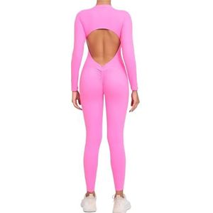 ROEUIPG Yogapak voor dames, sportkleding, ritssluiting, lange mouwen, open rug, fitnesspak, nauwsluitend, gymnastiektuinbroek, sportbody (roze, L)