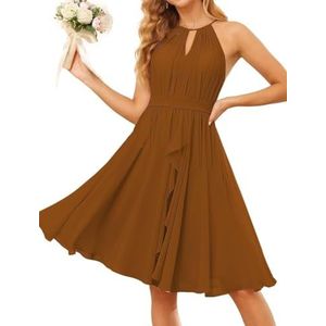 WSEYU Halter Schoolgala Jurken voor Tieners Korte Chiffon Bruidsmeisje Afstuderen Cocktail Party Jurk met Zakken ZM205, Verbrand Oranje, 32