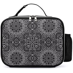 Zwarte Mandala Paisley Draagbare Geïsoleerde Lunch Tassen Box Tote Volwassenen Koeltas Voor Mannen & Vrouwen Werk Picknick