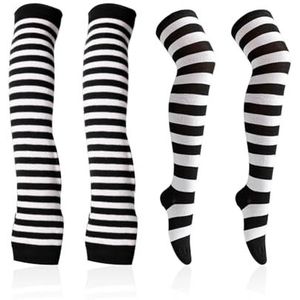 CVFRTT 1 paar witte en zwarte gestreepte handschoenen en 1 paar gestreepte sokken, dameshandschoenen, vingerloze gebreide handschoenen, elastische sokken, kledingaccessoires, In zwart en wit, Medium