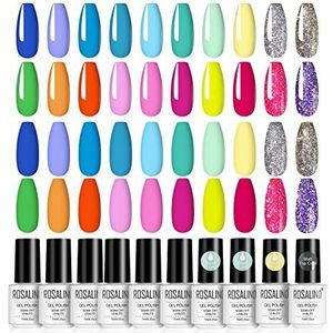 ROSALIND 20 Kleuren UV Gel Nagellak Set - Rood, Roze, Blauw, Oranje, Paars, Grijs, Glitter - 7ml - Top Basislaag & Matte Toplaag - Soak Off UV-lamp Polish - Manicure Art Set 24 Stuks