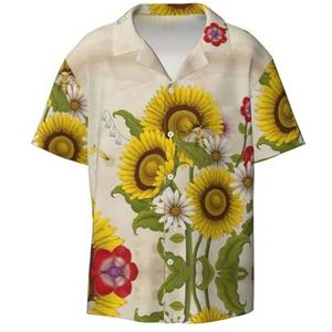 TyEdee Bijen zonnebloemen madeliefje roos bloemen print heren korte mouw jurk shirts met zak casual button down shirts business shirt, Zwart, S