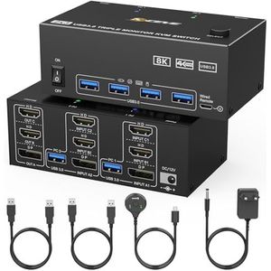 KCEVE KVM-switch 2 PC 3 monitoren, HDMI + 1 DisplayPort USB 3.0, 8K @30Hz/4K @144Hz drievoudige monitor KVM voor 2 pc's, 3 schermen en 4 USB 3.0-apparaten