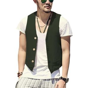 AeoTeokey Heren zomer linnen vest vest vest V-hals mode feest casual vest normale pasvorm, Hunt Groen, XXL