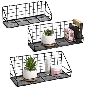 QIWODE zwevende planken wandmontage set van 3, wandopbergplanken voor slaapkamer, woonkamer, badkamer, keuken, kantoor en meer verkoold zwart