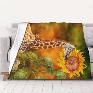 Giraf en zonnebloem multi-size ultra-zachte flanellen deken (horizontaal), verdikte fluwelen bankdeken, licht en warm