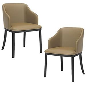 GEIRONV Moderne lederen stoelen Set van 2, Soft Seat High Back Padded salonzetel Black Metal Legs Lounge Side Chair Eetstoelen (Color : Khaki)