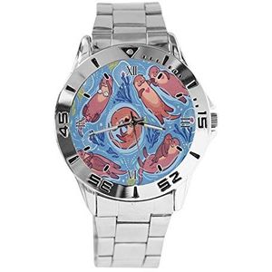 Otter Liefde Hart Mode Dames Horloges Sport Horloge voor Mannen Casual Rvs Band Analoge Quartz Horloge, Zilver, armband