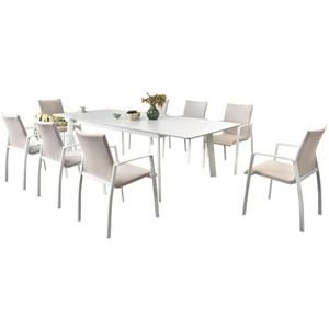 IDIMEX Tuinmeubelset Verano met 1 tafel (180-260 x 103 x 75 cm) en 6 stoelen, wit/beige. Robuust, uittrekbaar, modern design. Meer trefwoorden: outdoor meubels, balkonmeubelset, terrasmeubels