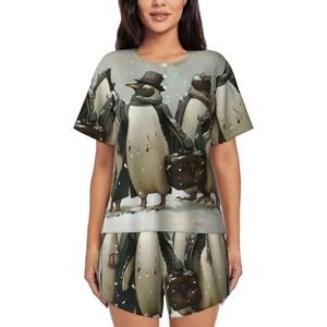 YJxoZH Pinguïn Print Womens Zomer Pyjama Sets Nachtkleding Dames Korte Mouw Nachtkleding Pjs Lounge Met Zakken, Zwart, 3XL
