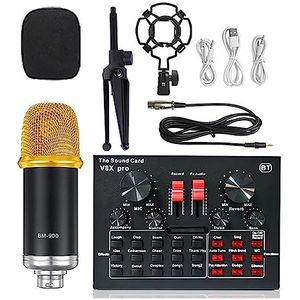 Geluidskaartset, Draadloze Karaoke Microfoon Statief WXH1000 & BM900 USB Geluidskaart V8XPRO Professionele Studio Condensator Microfoon for PC Telefoon MIC(Gold BM900 V8XPRO)