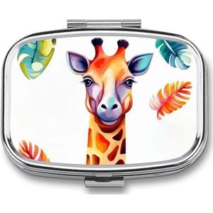Gekleurde giraffe bedrukte draagbare pillencontainer reizen pillengevallen met spiegel 2 compartimenten geneeskunde doos decoratieve metalen geneeskunde voor zak portemonnee reizen dagelijks