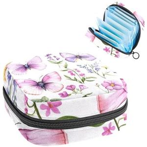 Draagbare maandverband Opbergtas, Menstruatiecup Pouch Vrouwelijke Menstruatie Pads Tas voor Tiener Meisjes, Tampons Eerste Periode Kit, Roze Violet Vlinders Bloemen en Kruiden