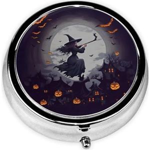 Stijlvolle ronde pillenetui Halloween heksen metalen pillendoos 3 compartimenten medicijnpillenhouder draagbare pillenorganizer doseerdoos, kleine pillendoos voor reizen voor portemonnee en zak