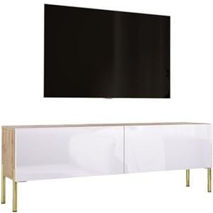 3E 3xE living.com Tv-kast in Wotan eiken/wit hoogglans met poten in goud, A: B: 140 cm, H: 52 cm, D: 32 cm. TV-meubel, tv-tafel, tv-bank