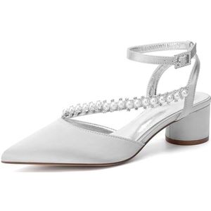 KYEGLO Vrouwelijke Bruidsschoenen Met Spitse Neus En Gesp-Enkelbandje, Satijnen Gesloten Neus Met Bandjes En Parel Voor Bruiden Op Avondfeesten,Zilver,36