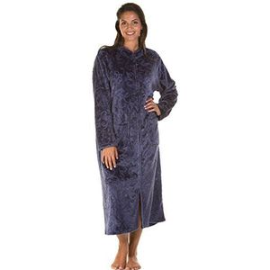 Lady Olga Zacht gevoel reliëf fleece nachtkleding in 3 stijlen met ritssluiting, badjas met knopen of bedjas, Navy - Zip, 40-42