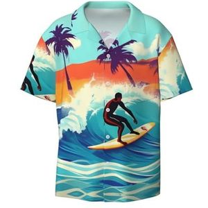 Hawaiiaanse surfer op golvende print herenoverhemden atletisch slim fit korte mouw casual zakelijk overhemd met knopen, Zwart, XXL