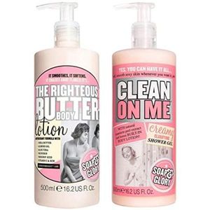 Soap and Glory De Righteous Body Butter Lotion, samen met Clean on Me, romige, zuiverende douchegel, 500 milliliter handpompen