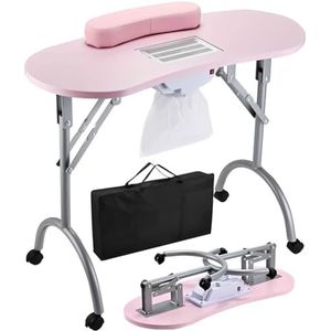 Draagbare en opvouwbare manicuretafel, nagelwerkstation met 4 vergrendelbare wielen, polssteun voor klanten, gratis draagtas voor thuis, op reis of in de schoonheidssalon.,Roze