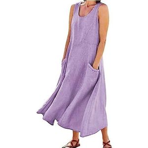 Dresses for Women Spring Summer, Cotton Linen Long Dresses, Casual Beach Flowy Sundress, Loose Sleeveless Tank Dress, Solid Color Sleeveless Cotton Linen Long Dress,Purper,5XL