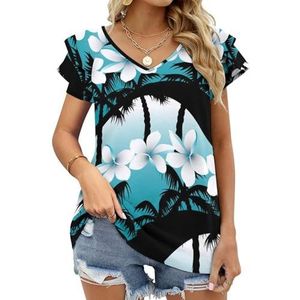 Tropische Frangipani-bloemen met palmboom, grafische blouse, top voor dames, V-hals, tuniek, top, korte mouwen, volant T-shirt grappig
