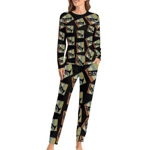 Vintage Mellofoon Silhouet Zachte Womens Pyjama Lange Mouw Warm Fit Pyjama Loungewear Sets met Zakken 2XL