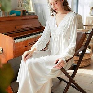 Dames nachthemd met lange mouwen retro kanten v-hals katoenen nachthemd met lange mouwen Mooie elegante nachtkleding, wit, XL