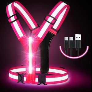 LED reflecterende vest hardloopkleding, USB oplaadbare LED licht op vest hoge zichtbaarheid met verstelbare taille/schouder voor joggen hardlopen fietsen wandelen motorfiets (roze)