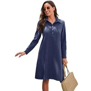 jurken voor dames Effen jurk met knoopsluiting - marineblauw, casual overhemdkraag, lange mouwen, knielengte, normale pasvorm (Color : Navy Blue, Size : L)