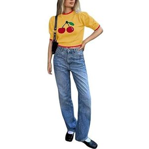 FASHIONISM Dames korte mouw kersenborduurwerk gebreide bijgesneden top dames ronde hals geribbelde rode trim slim fit zomer crop tops, goud, XL