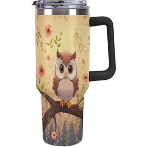 FHESDCW Leuke uil grote capaciteit autobeker 40 oz roestvrijstalen beker met handvat geïsoleerde waterfles met rietje en deksel bedrukte mokken past in de bekerhouder