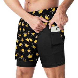 Gouden Kronen op Zwarte Grappige Zwembroek met Compressie Liner & Pocket Voor Mannen Board Zwemmen Sport Shorts