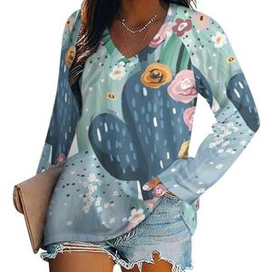 Mooie pastel vintage cactussen dames V-hals shirt lange mouwen tops casual losse pasvorm blouses